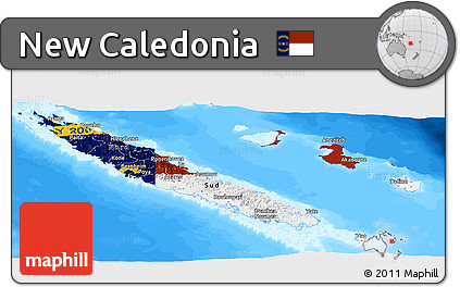 Flag Panoramic Map of New Caledonia, single color outside, bathymetry sea, flag centered