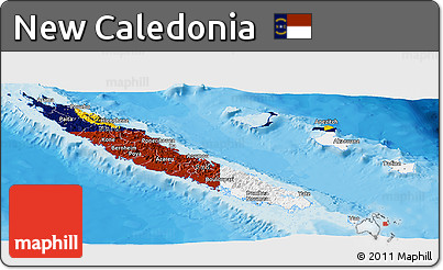 Flag Panoramic Map of New Caledonia, single color outside, bathymetry sea, shaded relief sea, flag rotated