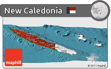 Flag Panoramic Map of New Caledonia, single color outside, satellite sea, flag aligned to the middle