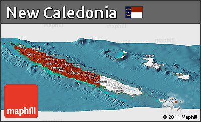 Flag Panoramic Map of New Caledonia, single color outside, satellite sea, flag aligned to the middle