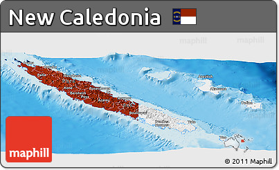 Flag Panoramic Map of New Caledonia, single color outside, shaded relief sea, flag aligned to the middle