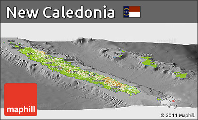 Physical Panoramic Map of New Caledonia, darken, desaturated