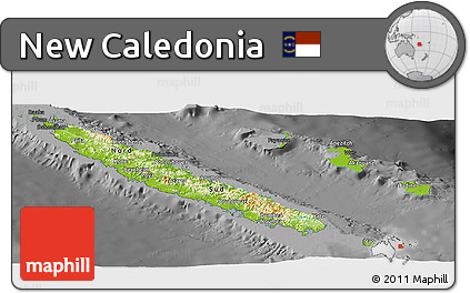 Physical Panoramic Map of New Caledonia, darken, desaturated