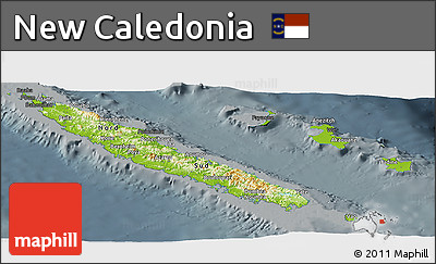 Physical Panoramic Map of New Caledonia, darken, semi-desaturated