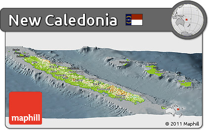 Physical Panoramic Map of New Caledonia, darken, semi-desaturated
