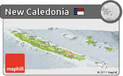 Physical Panoramic Map of New Caledonia, lighten, semi-desaturated