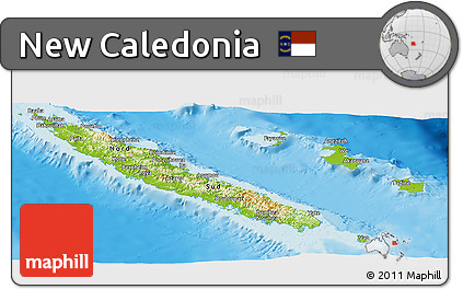 Physical Panoramic Map of New Caledonia, political shades outside, shaded relief sea