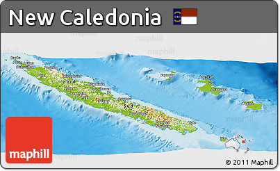 Physical Panoramic Map of New Caledonia, political shades outside, shaded relief sea