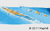 Political Panoramic Map of New Caledonia, shaded relief outside, bathymetry sea