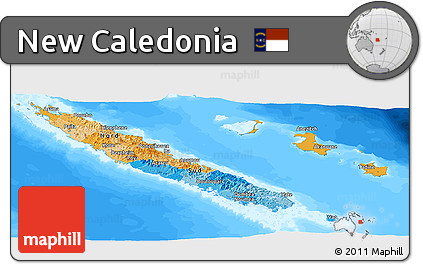 Political Panoramic Map of New Caledonia, single color outside, bathymetry sea