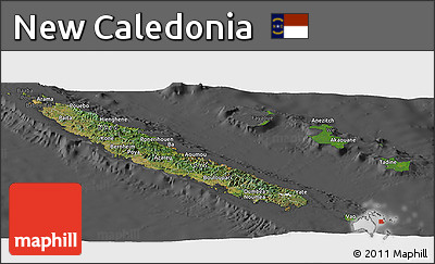 Satellite Panoramic Map of New Caledonia, darken, desaturated