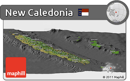 Satellite Panoramic Map of New Caledonia, darken, desaturated