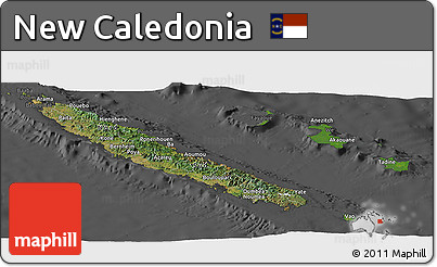 Satellite Panoramic Map of New Caledonia, darken, desaturated