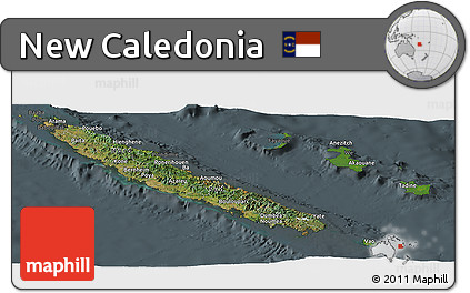 Satellite Panoramic Map of New Caledonia, darken, semi-desaturated