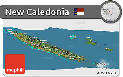 Satellite Panoramic Map of New Caledonia, lighten, desaturated, land only