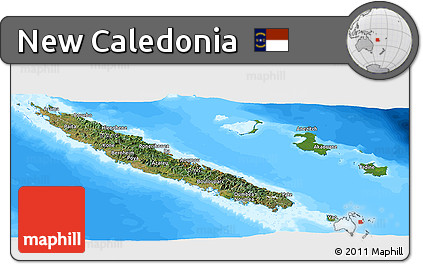 Satellite Panoramic Map of New Caledonia, single color outside, bathymetry sea