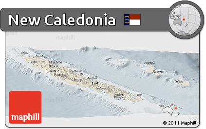 Shaded Relief Panoramic Map of New Caledonia, lighten, semi-desaturated
