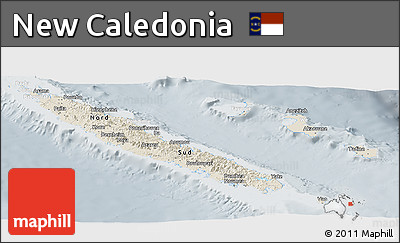Shaded Relief Panoramic Map of New Caledonia, lighten, semi-desaturated