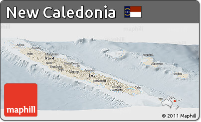 Shaded Relief Panoramic Map of New Caledonia, lighten, semi-desaturated