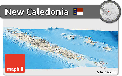 Shaded Relief Panoramic Map of New Caledonia, satellite outside, shaded relief sea