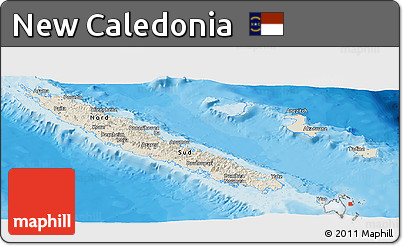 Shaded Relief Panoramic Map of New Caledonia, single color outside, bathymetry sea, shaded relief sea