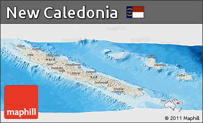 Shaded Relief Panoramic Map of New Caledonia, single color outside, bathymetry sea, shaded relief sea
