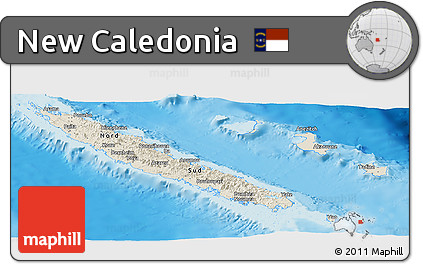 Shaded Relief Panoramic Map of New Caledonia, single color outside