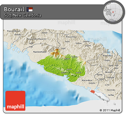 Physical 3D Map of Bourail, shaded relief outside