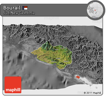 Satellite 3D Map of Bourail, desaturated