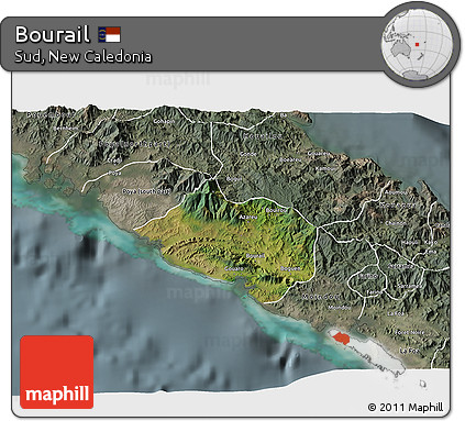 Satellite 3D Map of Bourail, semi-desaturated