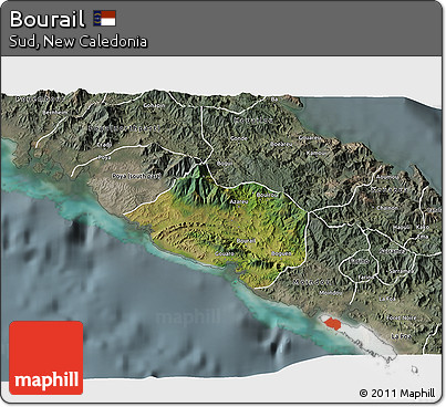 Satellite 3D Map of Bourail, semi-desaturated