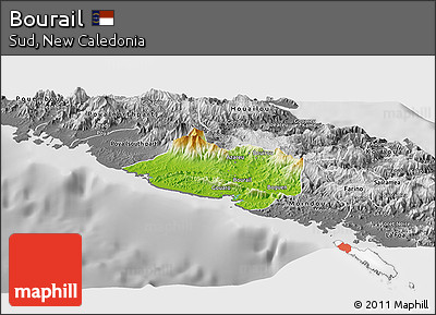 Physical Panoramic Map of Bourail, desaturated