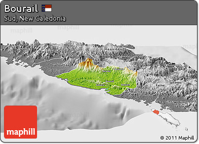 Physical Panoramic Map of Bourail, desaturated