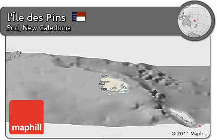 Shaded Relief Panoramic Map of L'Île Des Pins, darken, desaturated