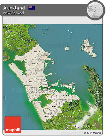 Shaded Relief 3D Map of Auckland, satellite outside
