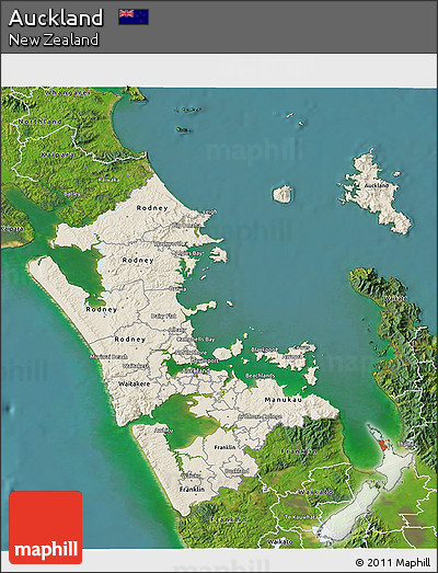 Shaded Relief 3D Map of Auckland, satellite outside