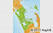 Physical Map of Auckland, political shades outside