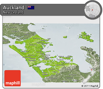 Physical Panoramic Map of Auckland, semi-desaturated