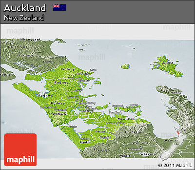 Physical Panoramic Map of Auckland, semi-desaturated