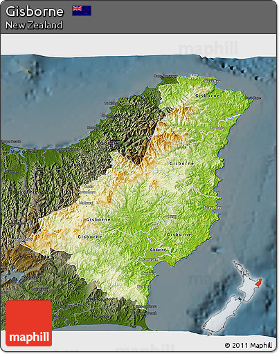 Physical 3D Map of Gisborne, darken