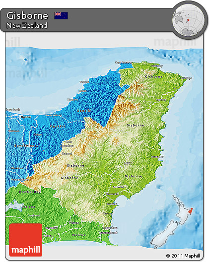 Physical 3D Map of Gisborne, political shades outside