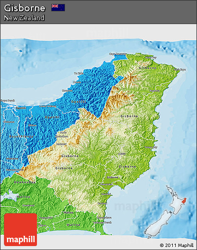 Physical 3D Map of Gisborne, political shades outside