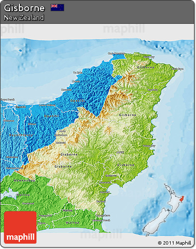 Physical 3D Map of Gisborne, political shades outside