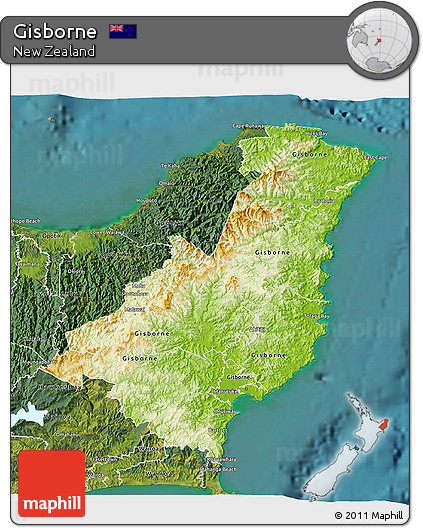 Physical 3D Map of Gisborne, satellite outside