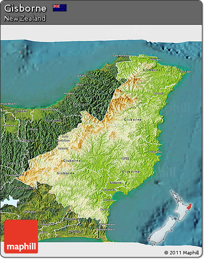 Physical 3D Map of Gisborne, satellite outside