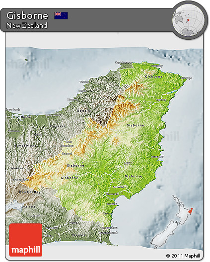 Physical 3D Map of Gisborne, semi-desaturated