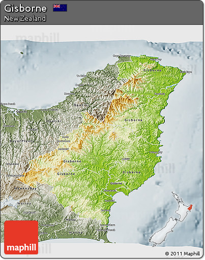 Physical 3D Map of Gisborne, semi-desaturated