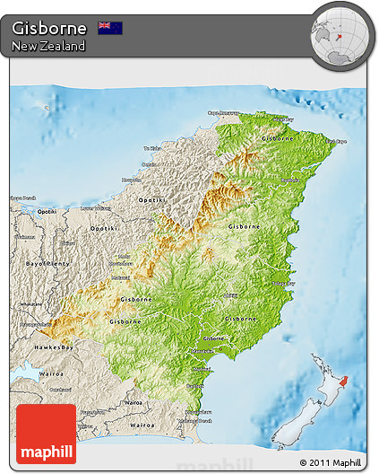 Physical 3D Map of Gisborne, shaded relief outside