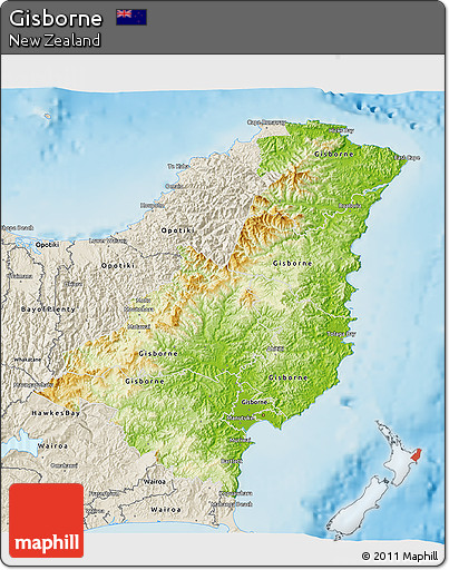 Physical 3D Map of Gisborne, shaded relief outside
