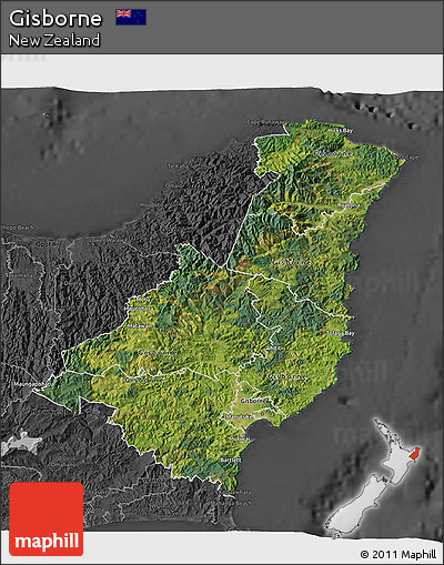 Satellite 3D Map of Gisborne, darken, desaturated